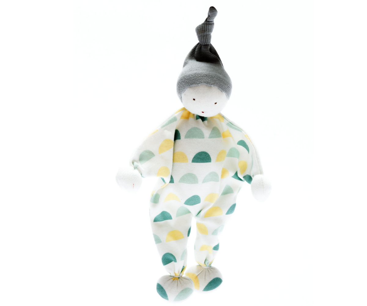 White baby comforter baby toy with semi circle pattern in greens and yellows with a grey pointy hat